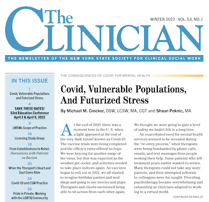 The Clinician Cover graphic about COVID and Futurized Stress